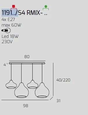 Sosp. cromo 4 luci rettangolare vetri (2 x piccolo ru + 2 x grande ...