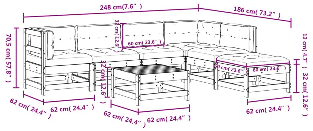 Set Divani da Giardino 7pz con Cuscini in Legno Massello Grigio