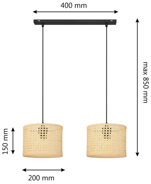 Lampadario a sospensione con filo ALBA 2xE27/15W/230V rattan/nero