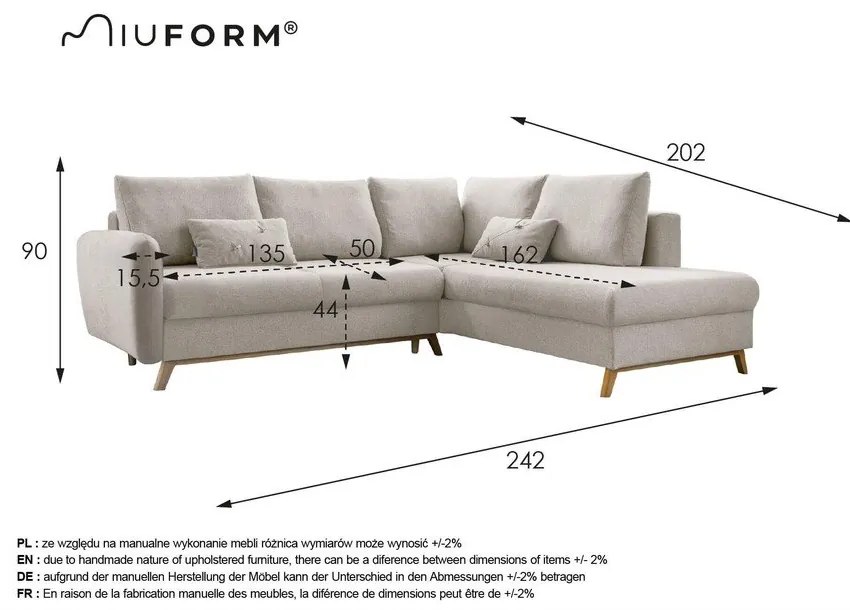 Divano letto angolare beige L, angolo destro Scandic Lagom - Miuform