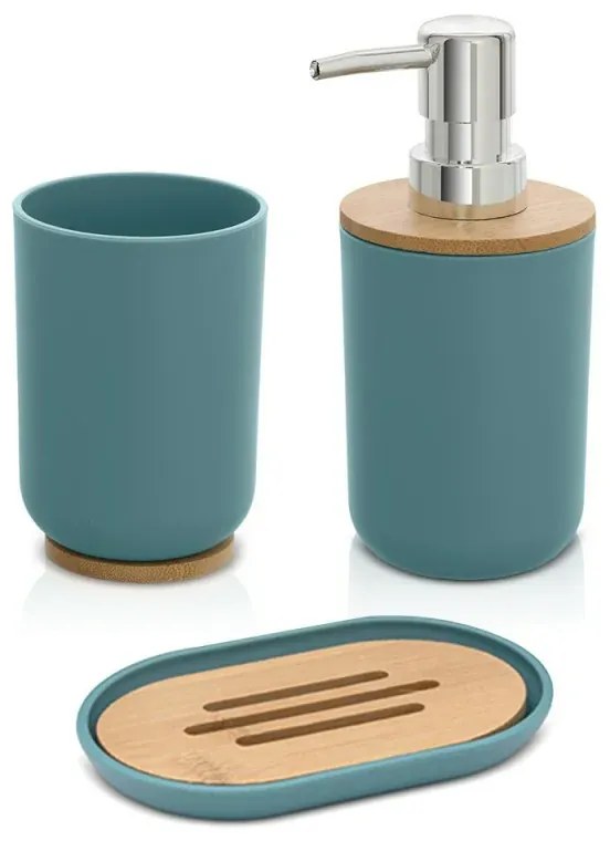 Accessori bagno da appoggio in set 3 pezzi in abs acquamarina e bambù Surf