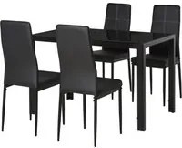 Set da Pranzo Tavolo con Piano in Vetro e 4 Sedie in Metallo e Similpelle Nero