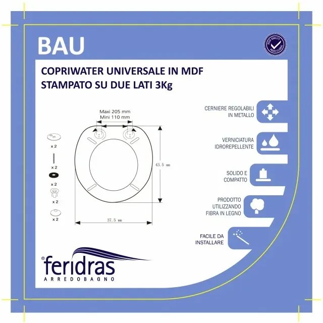 Copriwater universale in legno MDF stampato bau con cerniere regolabili