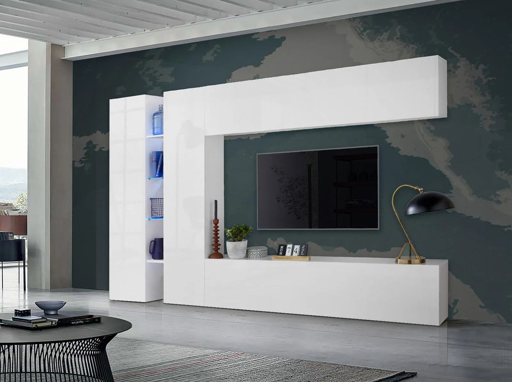 Conveniente e funzionale Parete attrezzata con vetrina L.280 cm, finitura Bianco lucido