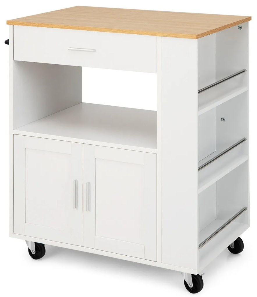 Costway Isola da cucina su ruote con portaspezie cassetto grande armadietto a 2 porte, Carrello da cucina rotante 2 Colori