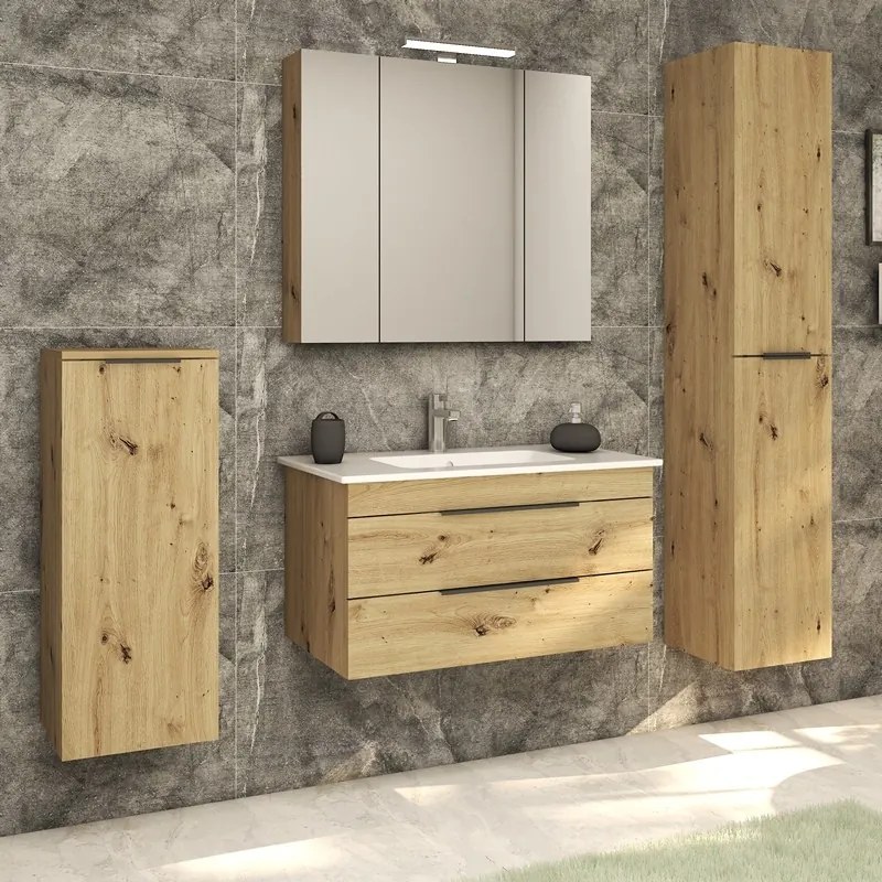 Kamalu - Specchiera bagno 80 cm a tre ante in rovere naturale | LAC-EFESTO-80