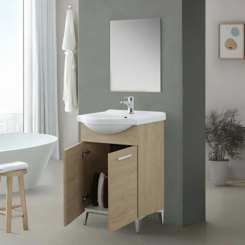 Mobile bagno a terra 55 cm Rovere Dolomite completo di lavabo e specchio Desya