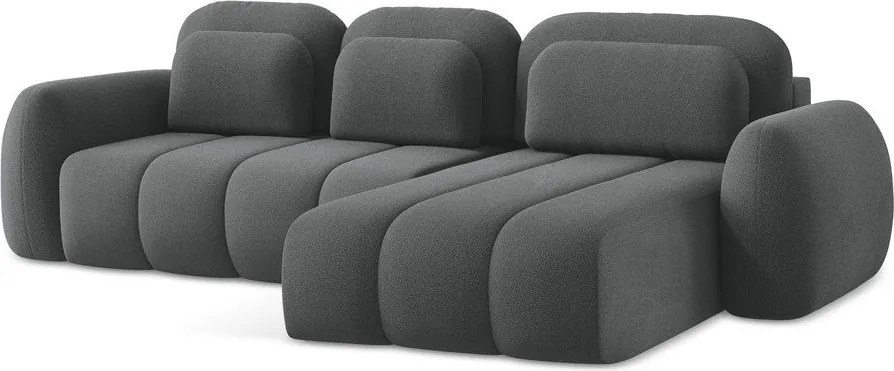 Divano angolare grigio scuro allungabile/con contenitore (con penisola a destra/con chaise lounge) con rivestimento in bouclé Pele – Makamii