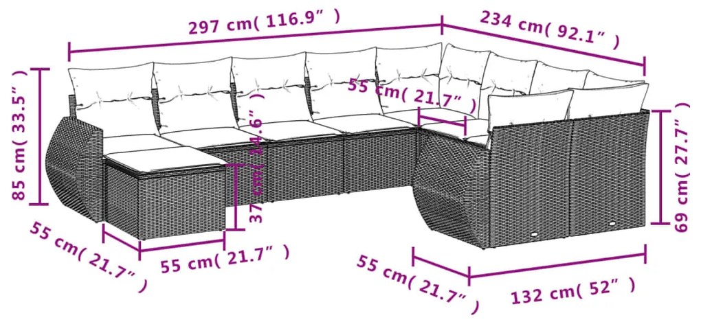 Set divano giardino 10 pz con cuscini grigio chiaro polyrattan