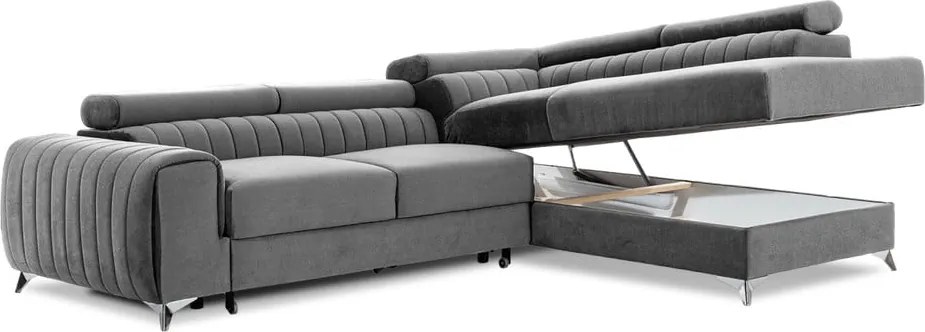 Divano angolare grigio allungabile/con contenitore (con penisola a destra/a L) e rivestimento in velluto Laurence – ELTAP