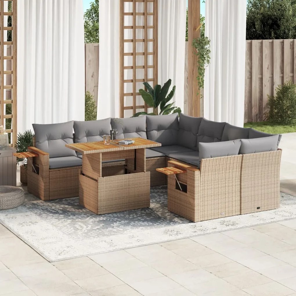 Set divano da giardino 9 pz con cuscini beige in polyrattan