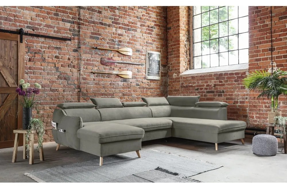 Divano letto angolare in velluto grigio chiaro a "U" (angolo destro) Sweet Harmony - Miuform