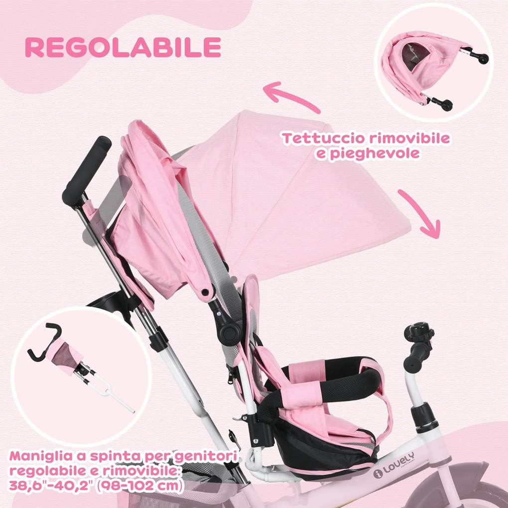 Triciclo per Bambini 1-5 Anni 102x49x102 cm con Maniglione e Tettuccio Regolabile Bianco e Rosa...