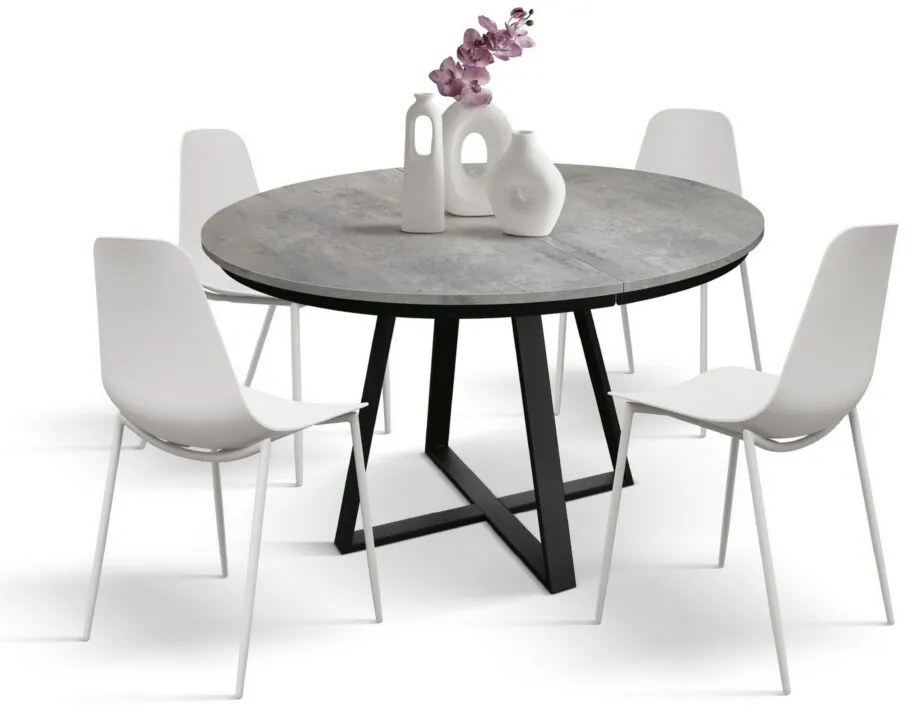 Tavolo rotondo PANTELLERIA in legno effetto grigio cemento con base a X in metallo antracite, allungabile ⌀120 cm – ⌀170 cm