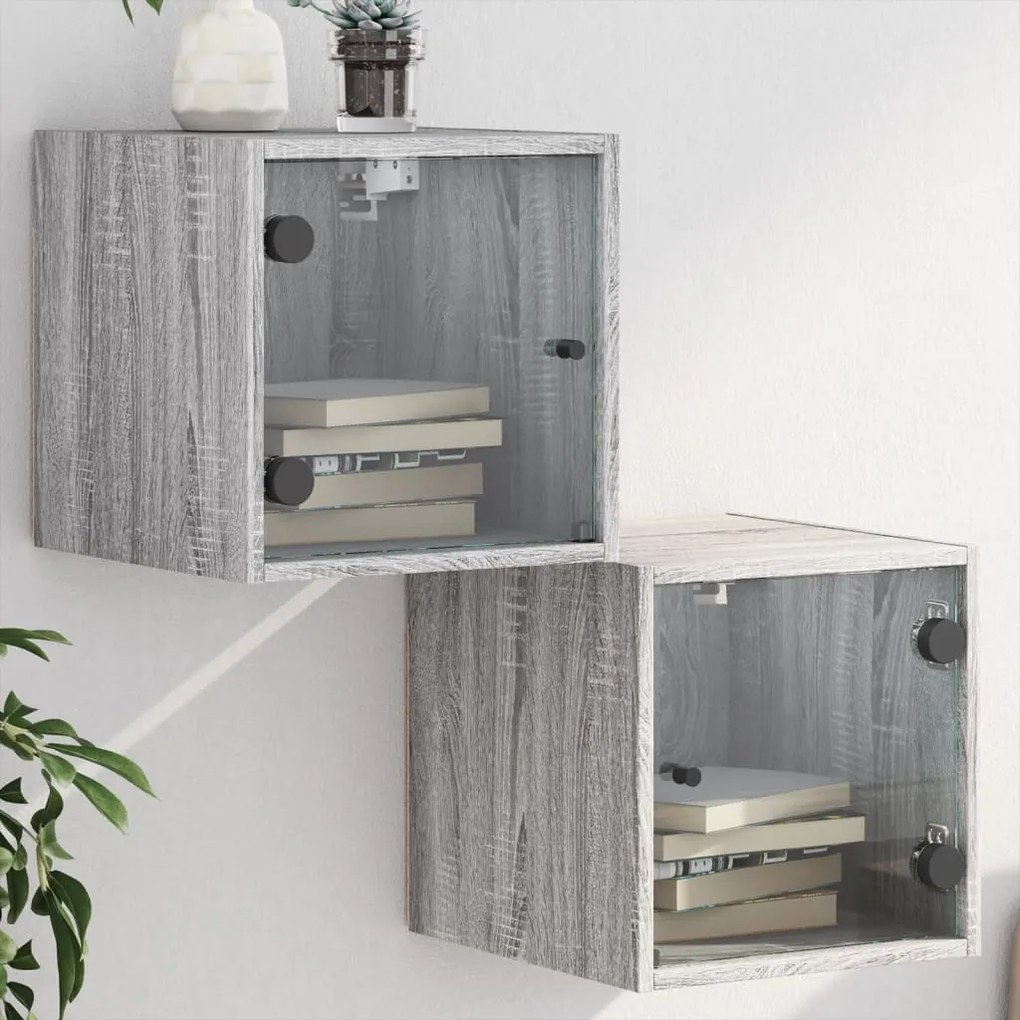 Comodini Con Ante İn Vetro 2pz Grigio Sonoma 35x37x35 Cm /
