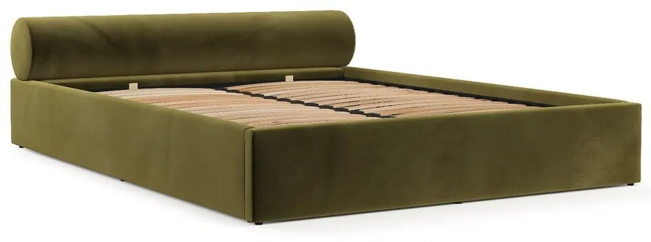 Letto matrimoniale imbottito verde scuro con contenitore e rete inclusi 140x200 cm Solvo – Maison de Rêve