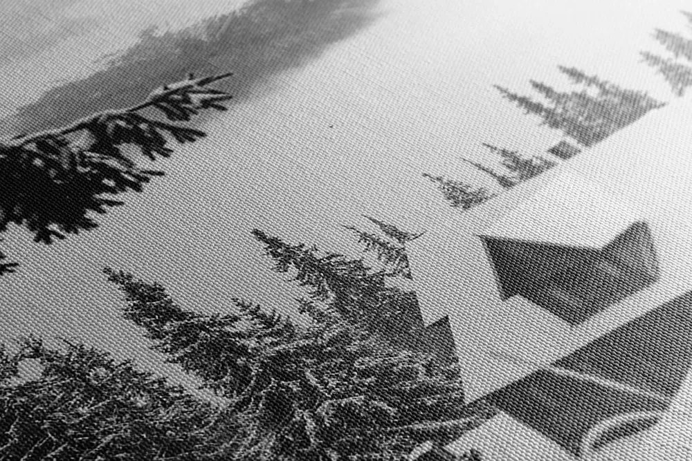 Quadro su tela – Casetta di legno tra pini innevati in bianco e nero