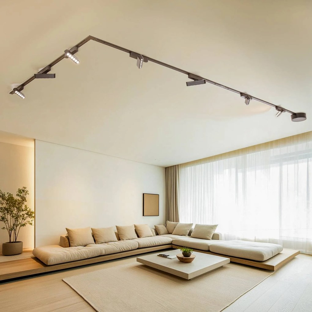 Sistema di binari Lumaro, punti luce, a 7 luci, nero, 48 V, dimmerabile Lumaro 48V Lindby,, Nero, Soggiorno / Sala da pranzo, Alluminio, Moderno