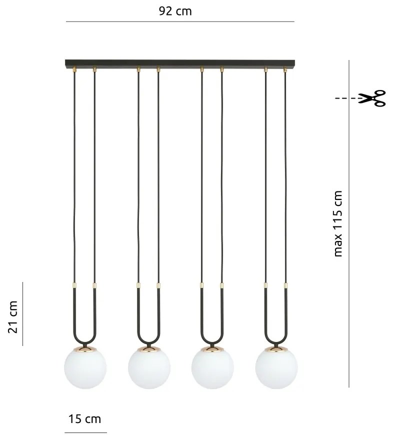 Lampadario a Sospensione in Acciaio e Vetro GLAM 4 Nero 4xE14 Colore del corpo Nero e Oro