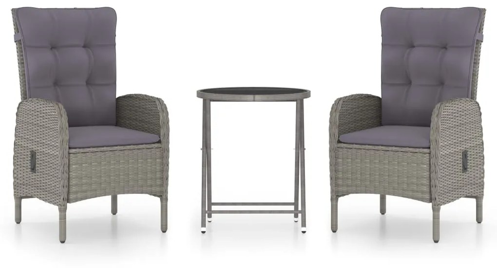 Set da bistrot da giardino 3 pz in polyrattan e vetro grigio