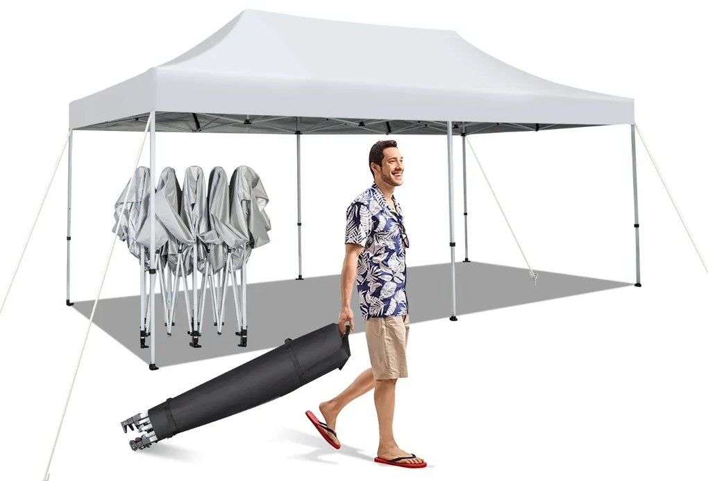 Costway Gazebo regolabile e pieghevole 6x3M con ruote e borsa portatile, Tenda impermeabile per feste e campeggi Bianco