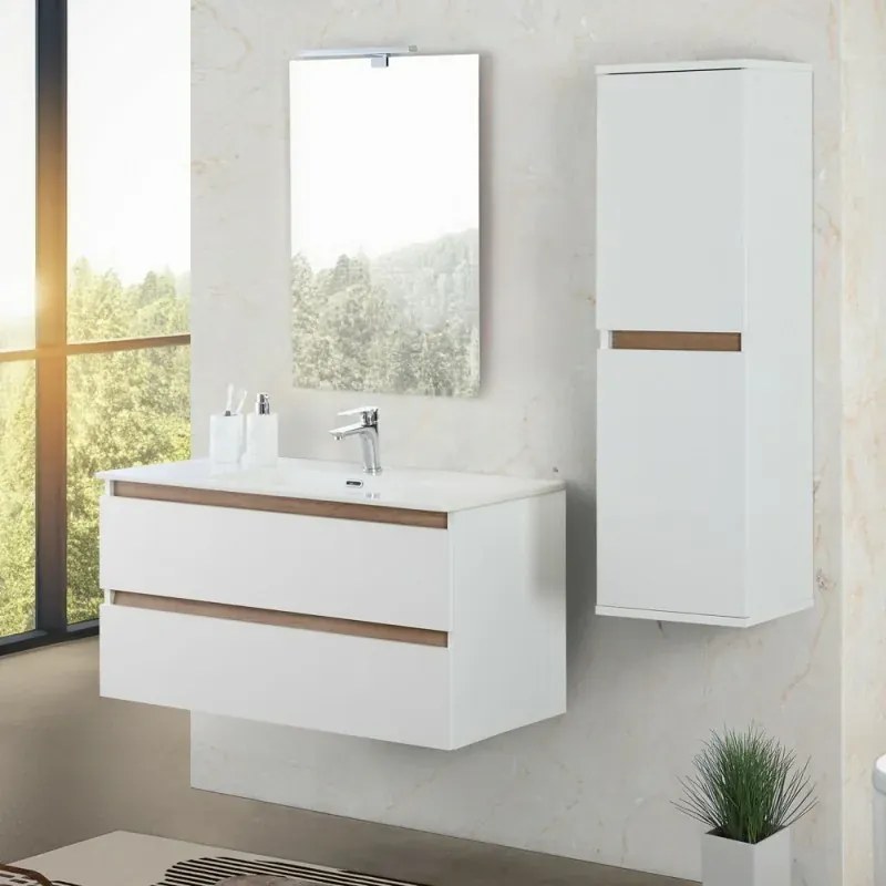 Mobile bagno sospeso 100 cm bianco e rovere con cassetti soft-close Kleo