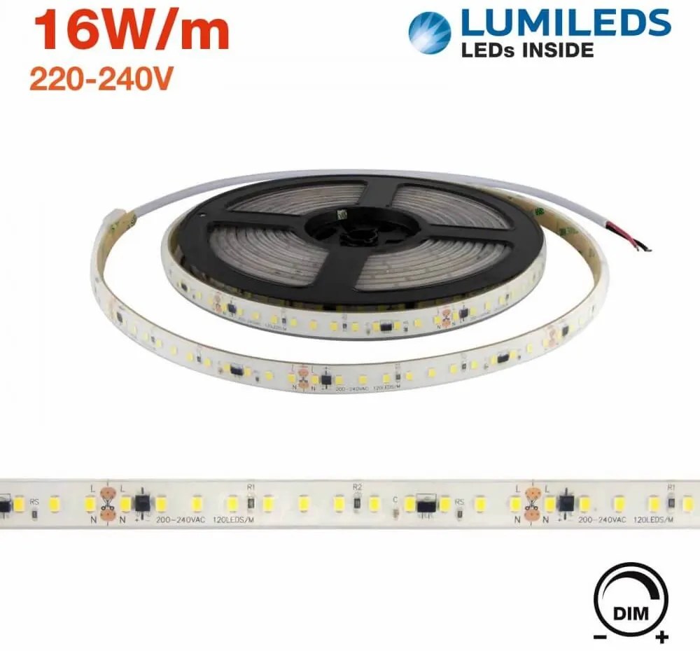 Strisce LED 220V 16W/m, 120lm/W, chip Lumileds, Dimmerabile, tagl. 10cm – 5m Colore Bianco Freddo 6.000K