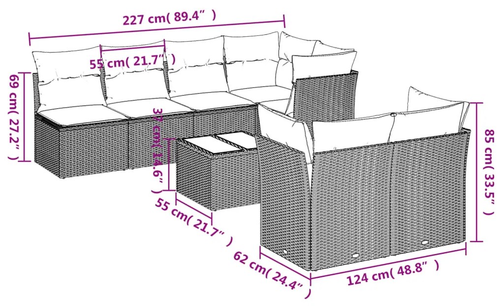 Set Divano da Giardino 8 pz con Cuscini Beige in Polyrattan