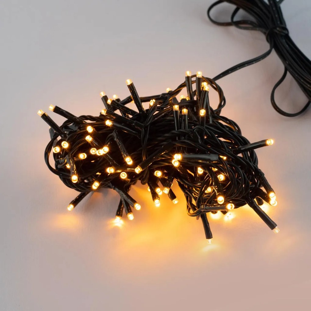 Catenaria Natalizia LED 8 GIOCHI DI LUCE 8m Cavo VERDE IP44 Colore Bianco Caldo 2200 - 2300 °K