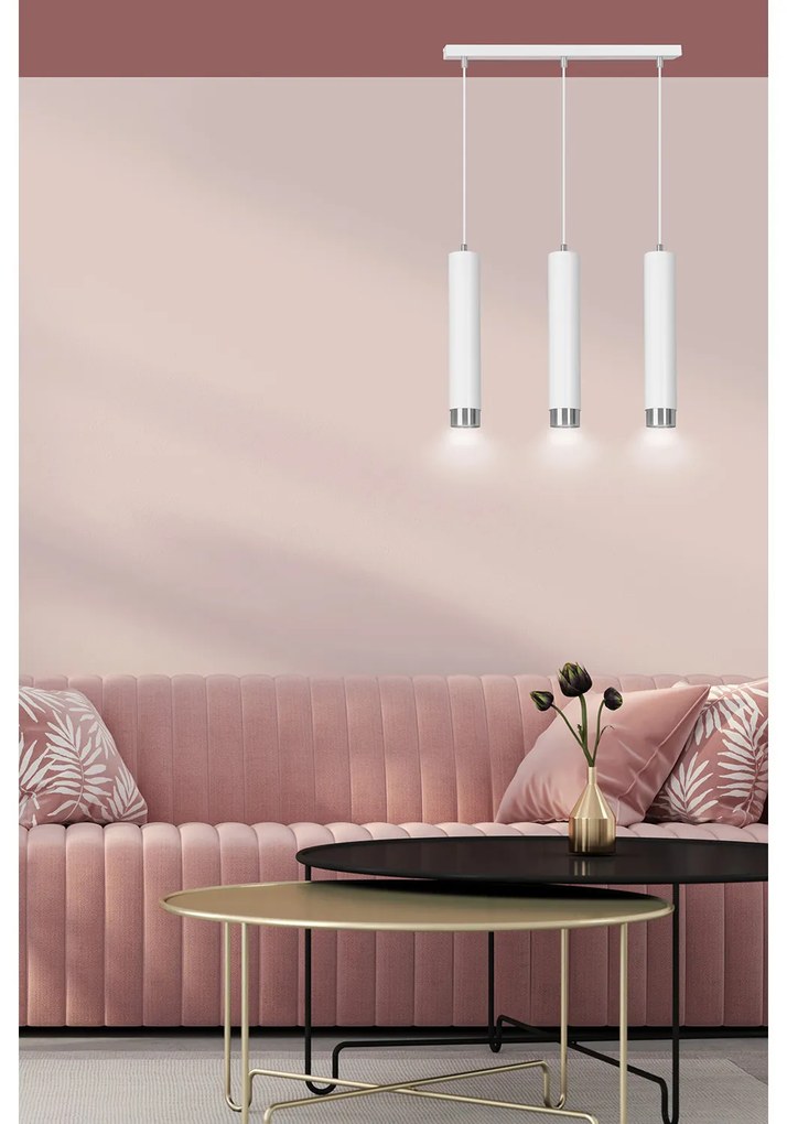 Lampadario 3 Luci Brunilde In Acciaio Bianco E Tubolari In Bianco E Cromo