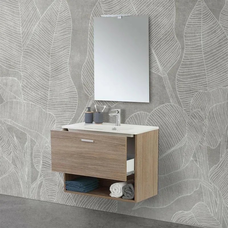 Mobile bagno sospeso 80 rovere tropea con lavabo e specchio LED Martha