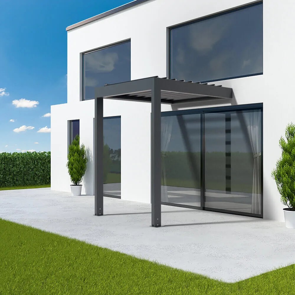 Pergola 2x2 m, pergola bioclimatica addossata, grigio antracite RAL 7016, alluminio, 2000x2000 mm, configura individualmente