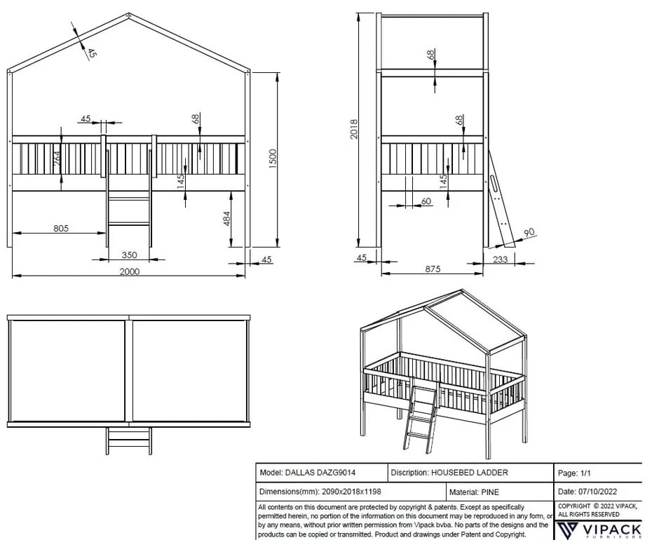 Letto per bambini in legno di pino bianco rialzato 90x200 cm DALLAS - Vipack