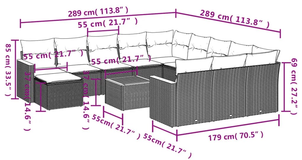 Set divani da giardino 13pz con cuscini nero in polyrattan