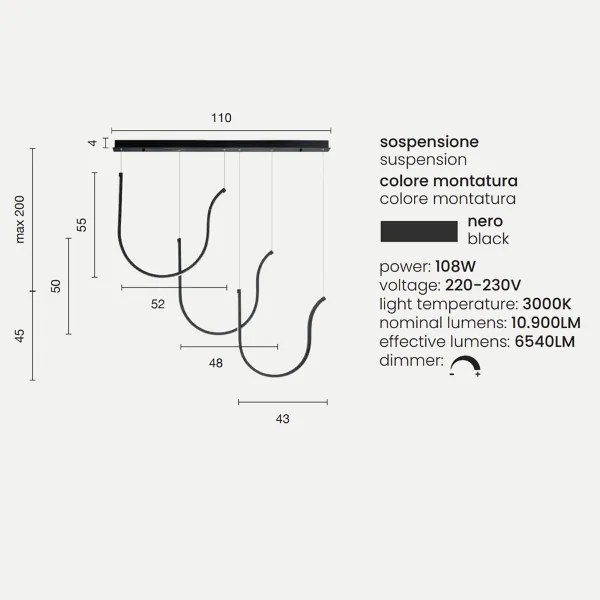 Lampada a sospensione ARQUA 3 Luci con base rettangolare 110 cm in metallo NERO