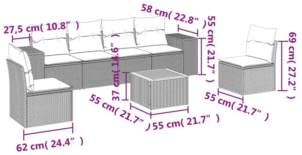 Set divani da giardino 7 pz con cuscini beige in polyrattan