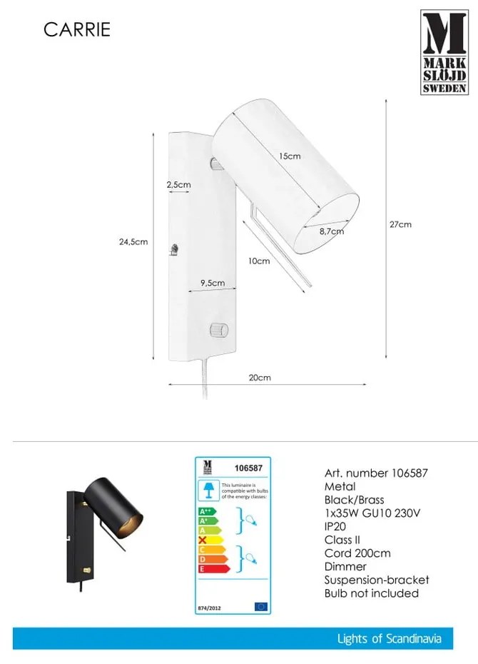 Lampada da parete nera Carrie - Markslöjd