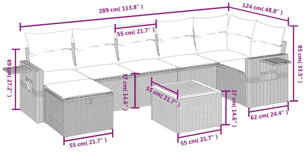 Set divano da giardino 8 pz con cuscini grigio in polyrattan