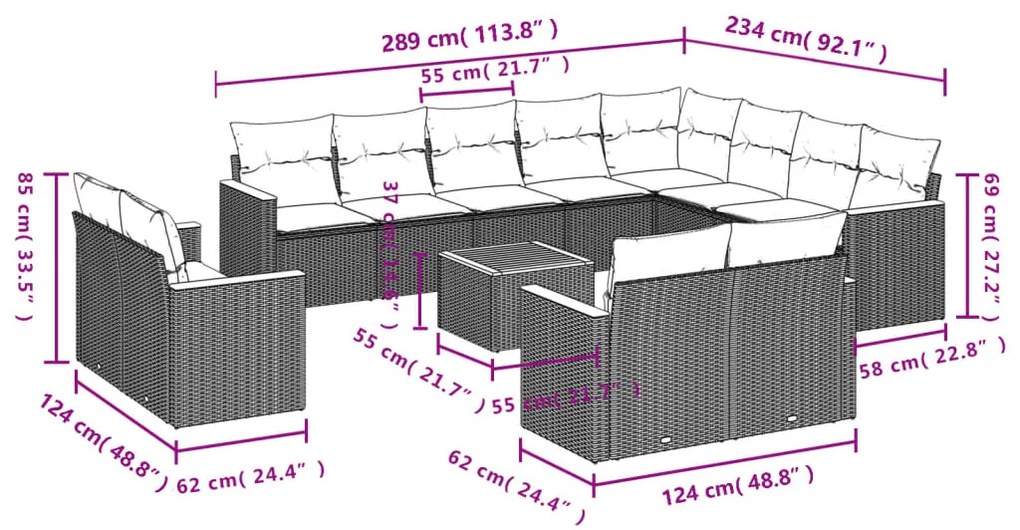 Set divani da giardino 13pz con cuscini nero in polyrattan