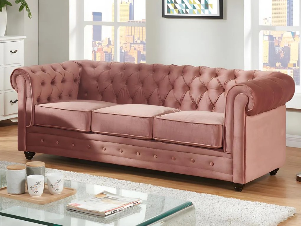 Divano CHESTERFIELD 3 posti e 2 poltrone in velluto Rosa cipria