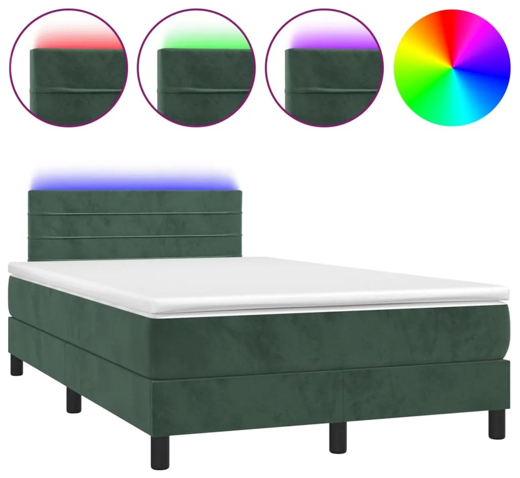 Letto a molle con materasso e led verde scuro 120x200cm velluto