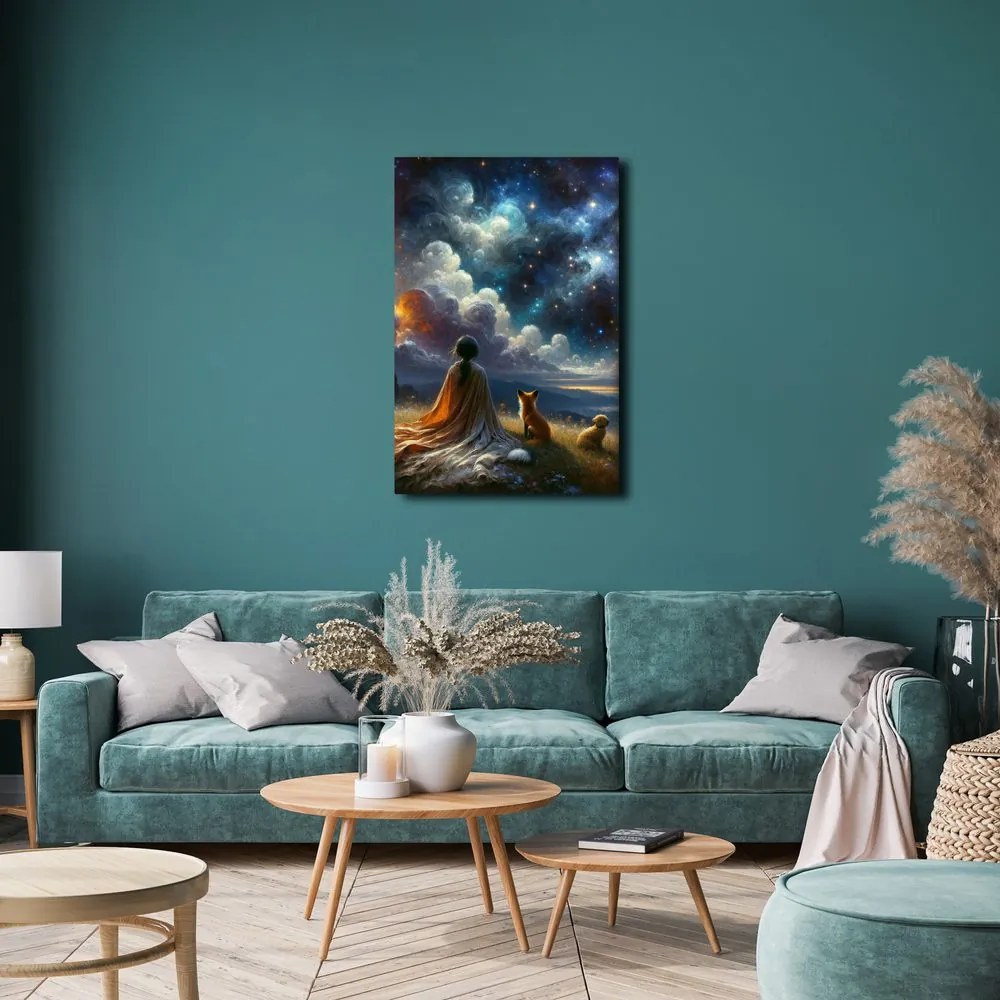 Quadro su tela – Figura con volpe e cane sotto le stelle
