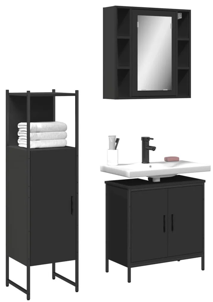 Set Di Mobili Da Bagno 3 Pz Nero İn Legno Multistrato /