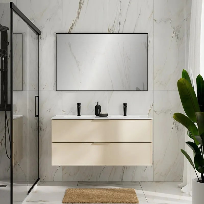 Mobile da bagno sospeso Quadra avorio con lavabo in ceramica vasca doppia con 2 cassetti a chiusura ammortizzata (estrazione parziale), con maniglia in alluminio laccato avorio L120 H55 P45cm