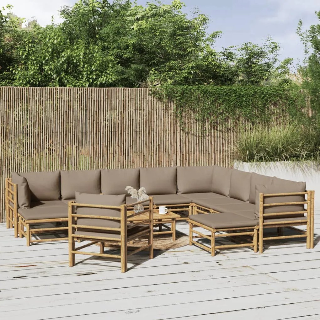 Set Salotto Da Giardino 12pz Con Cuscini Tortora Bambù /