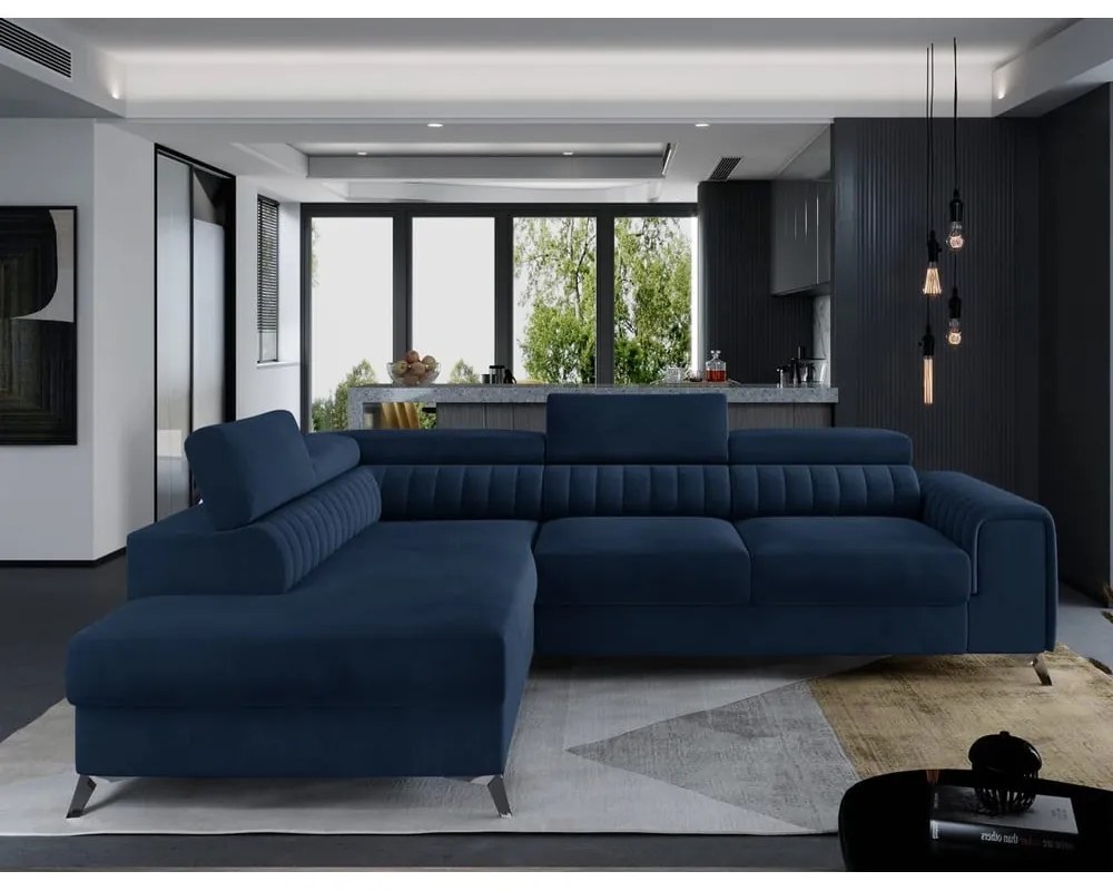 Divano angolare blu allungabile/con contenitore (con penisola a sinistra/a L) e rivestimento in velluto Laurence – ELTAP