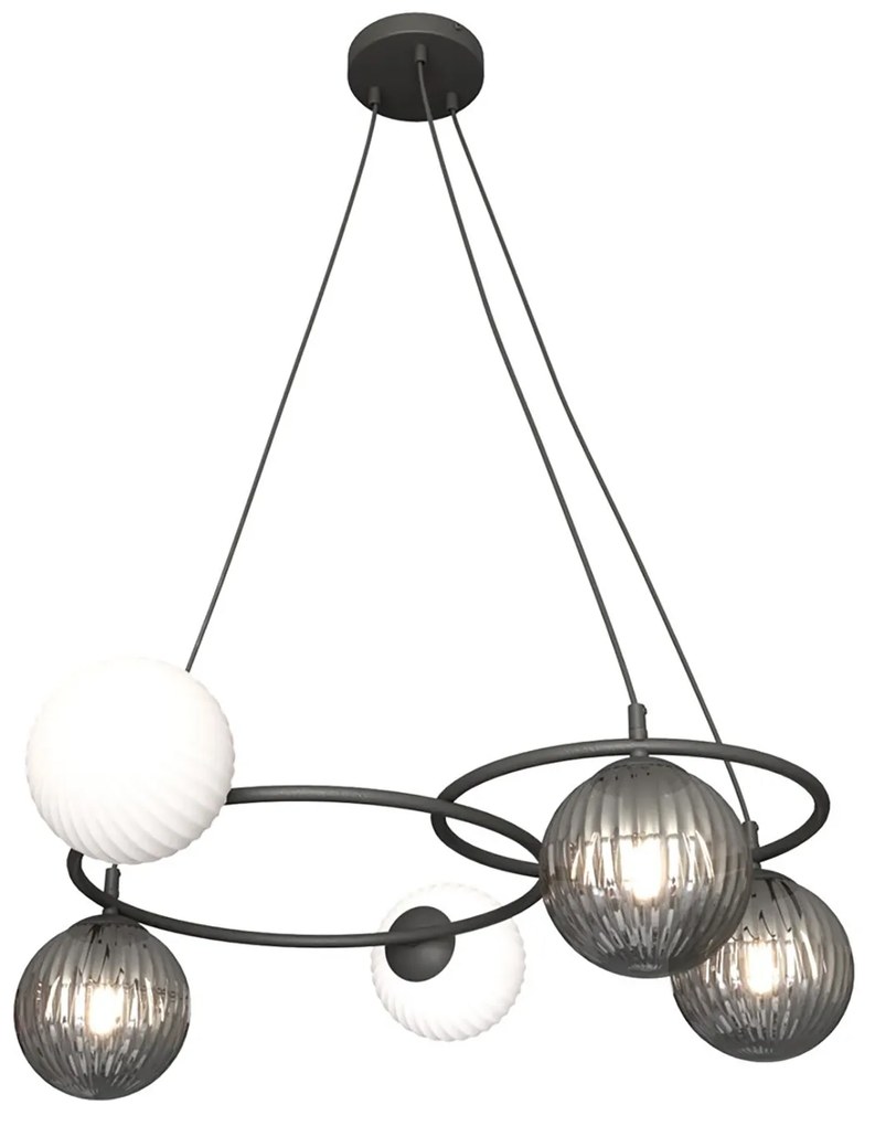 Lampadario 5 Luci Eolo A Cerchi E Diffusori In Vetro Rigato Opale E Fumè