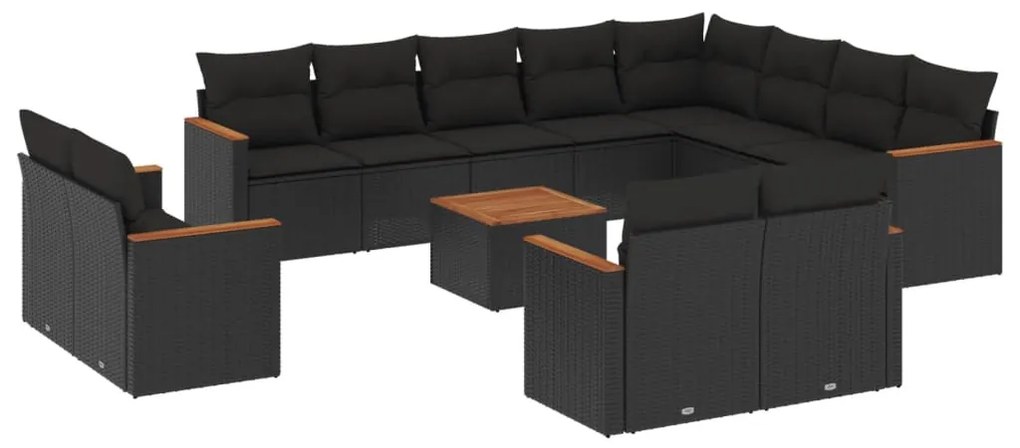 Set divani da giardino 13pz con cuscini nero in polyrattan