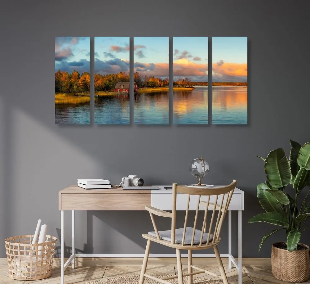 Quadri 5 pezzi – Tramonto sul lago
