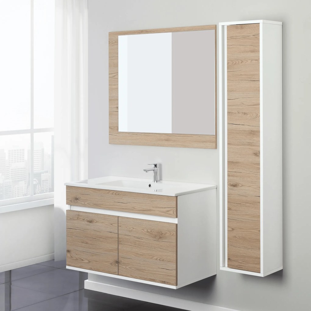 Mobile Bagno Sospeso 90 Cm Due Ante Specchio Feridras "Fabula" Bianco/Rovere Di Bordeaux